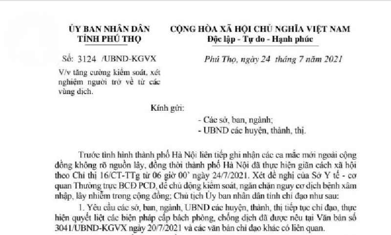 Công văn của UBND tỉnh & Ban Chỉ đạo phòng chống dịch COVID-19 tỉnh Phú Thọ